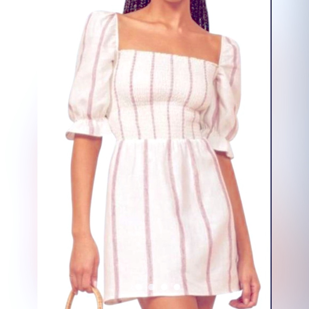 Reformation Cerise Style White & Red Striped Mini Dress. 100% Linen. EUC. Size L